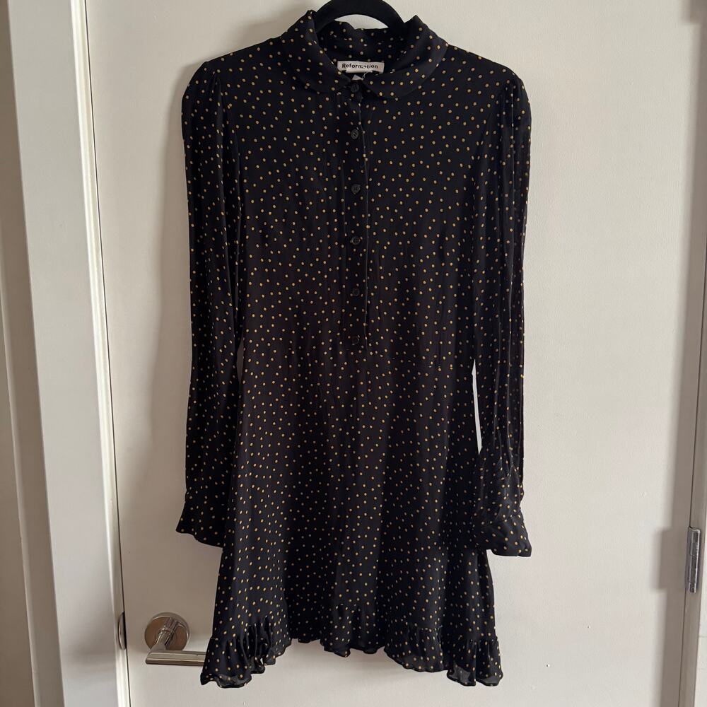 Reformation Lady Ruffle Long Sleeve Polka Dot Mini Dress Black Button Zip Sz 6